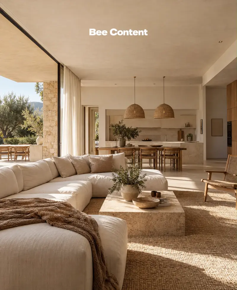 Salón y cocina de diseño en tonos naturales